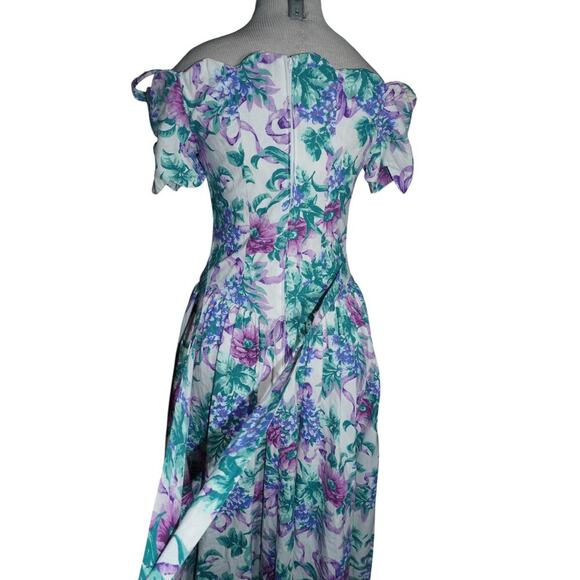 Vintage 80s Expo Petite Cold Shoulder Floral Midi Dress Purple Green Cotton -4 - Picture 11 of 11
